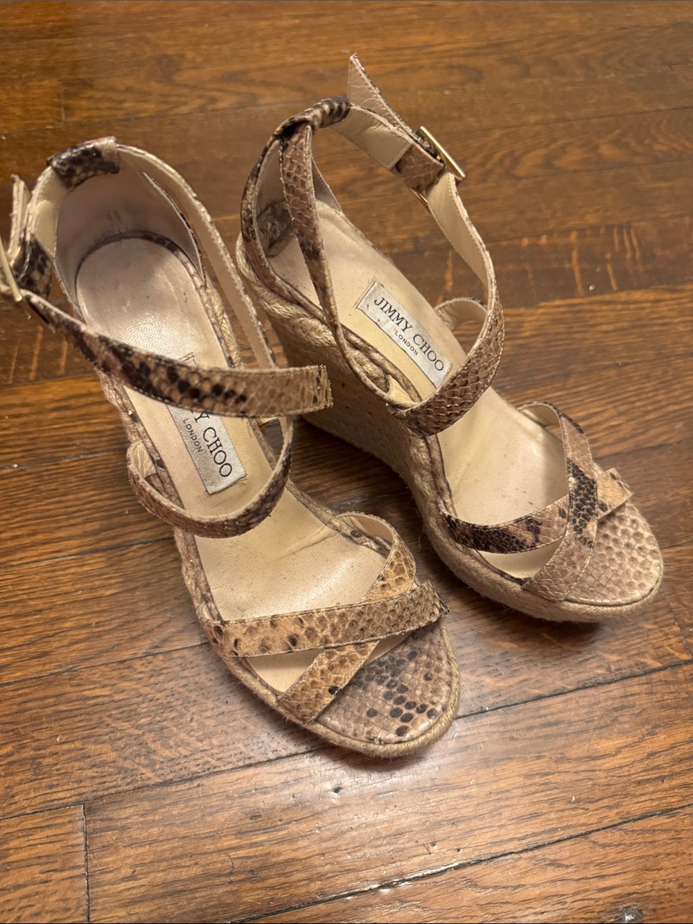 Jimmy Choo Tan Brown Snakeskin Espadrille Wedge Sandals